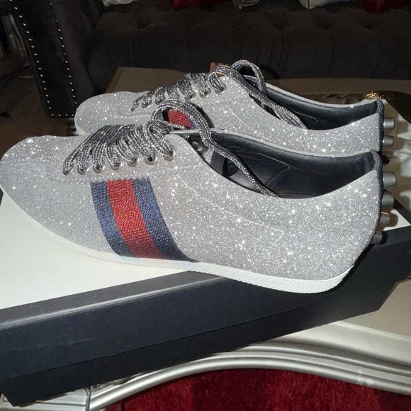 Gucci Silver Glitter Sneakers with Red and Blue Stripes